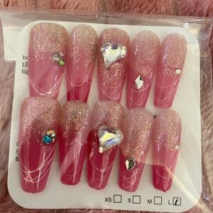Glitter Pink Press-On Nails with Rhinestones